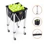 Tolva para pelotas de tenis VEVOR con ruedas, cesta negra y diseño plegable, cargada con pelotas de tenis amarillas.
