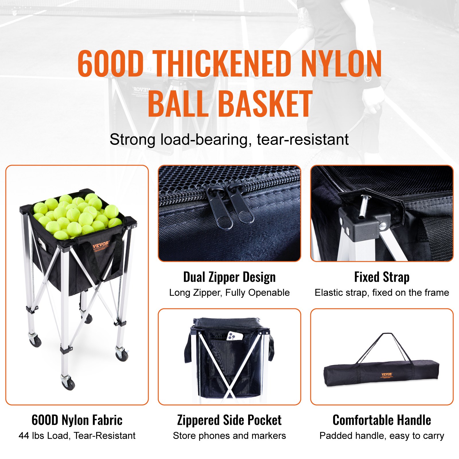 Bolsa para pelotas de tenis VEVOR con tejido de nailon 600d, cremallera doble, correa fija, bolsillo lateral y asa.