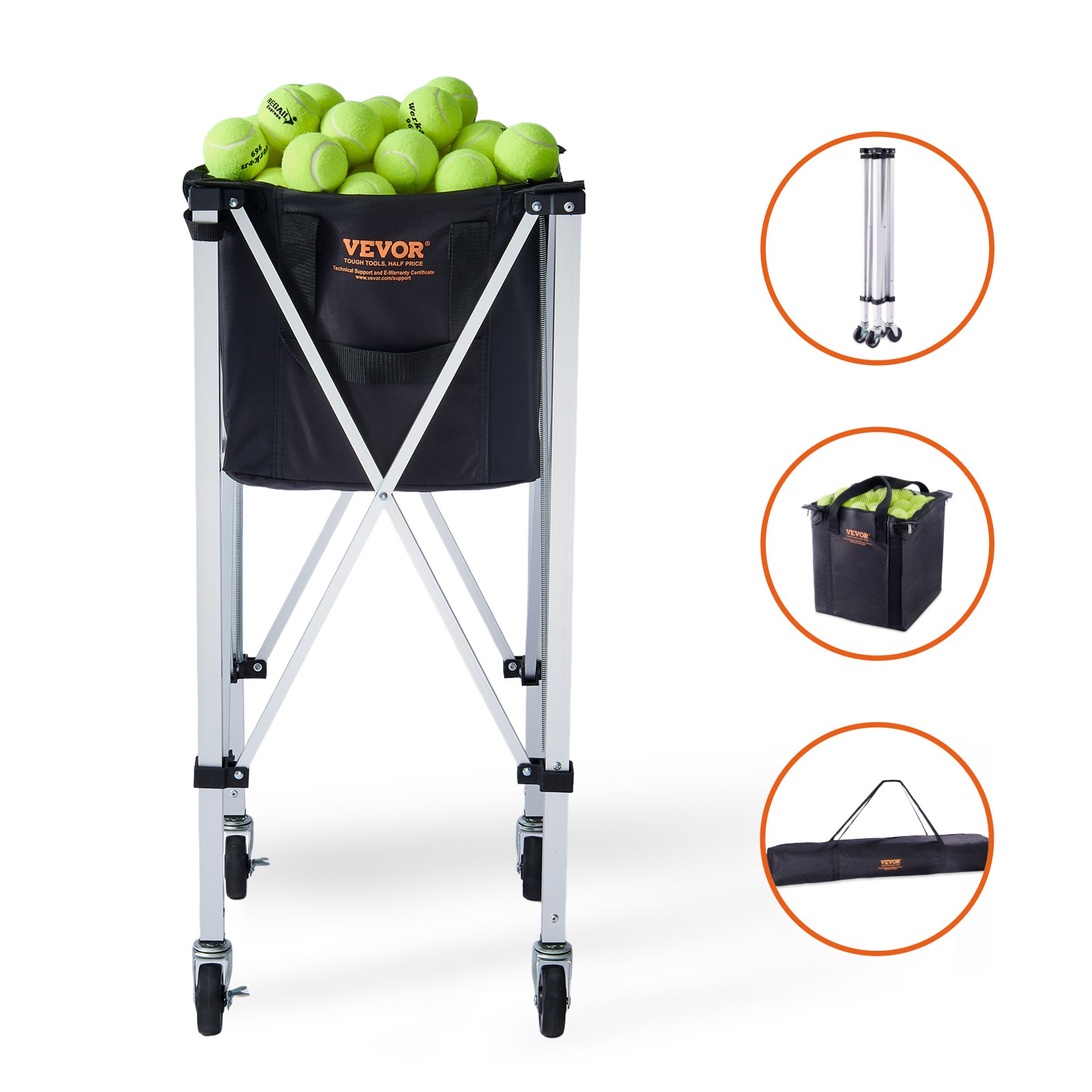 Tolva para pelotas de tenis VEVOR llena de pelotas de tenis, que muestra el diseño plegable y la bolsa de transporte.