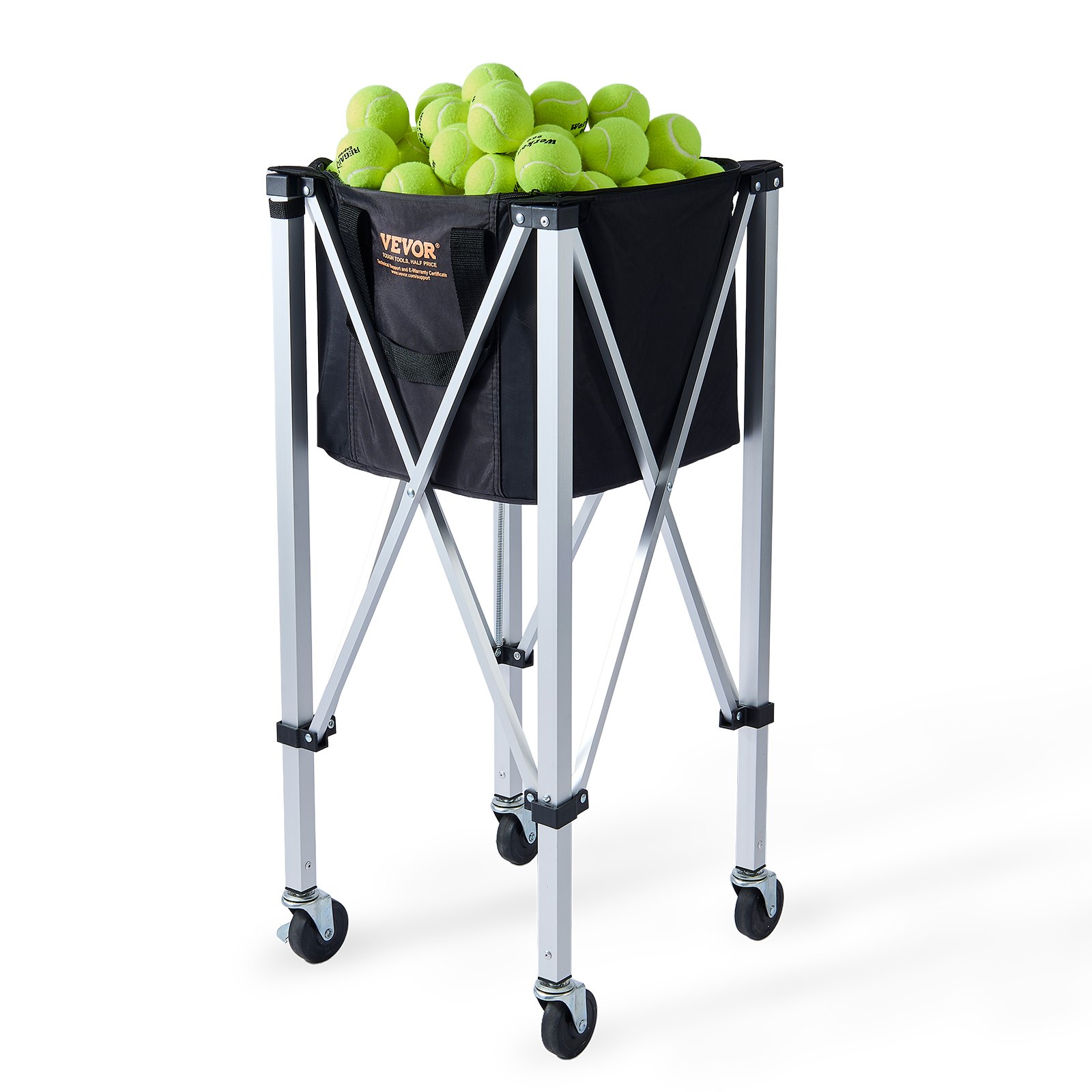 Tolva para pelotas de tenis VEVOR con estructura de acero, cesta de tela negra, llena de pelotas de tenis verdes, sobre ruedas.