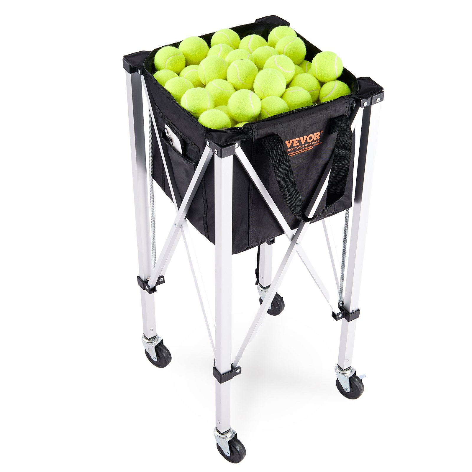 Tolva para pelotas de tenis VEVOR con ruedas, llena de pelotas de tenis de color verde neón, sostenida por un resistente marco de metal.