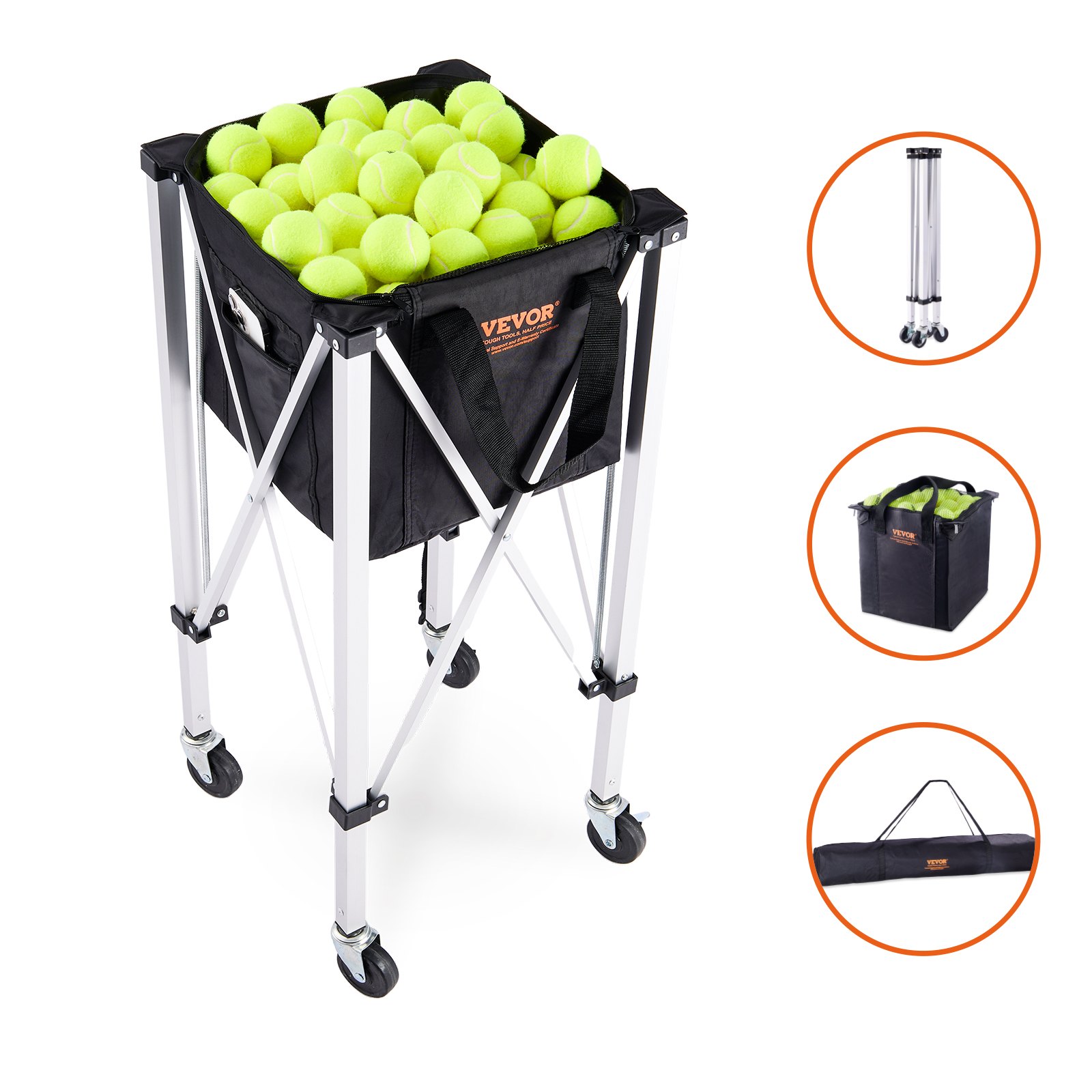 Tolva para pelotas de tenis VEVOR con ruedas, cesta negra y diseño plegable, cargada con pelotas de tenis amarillas.
