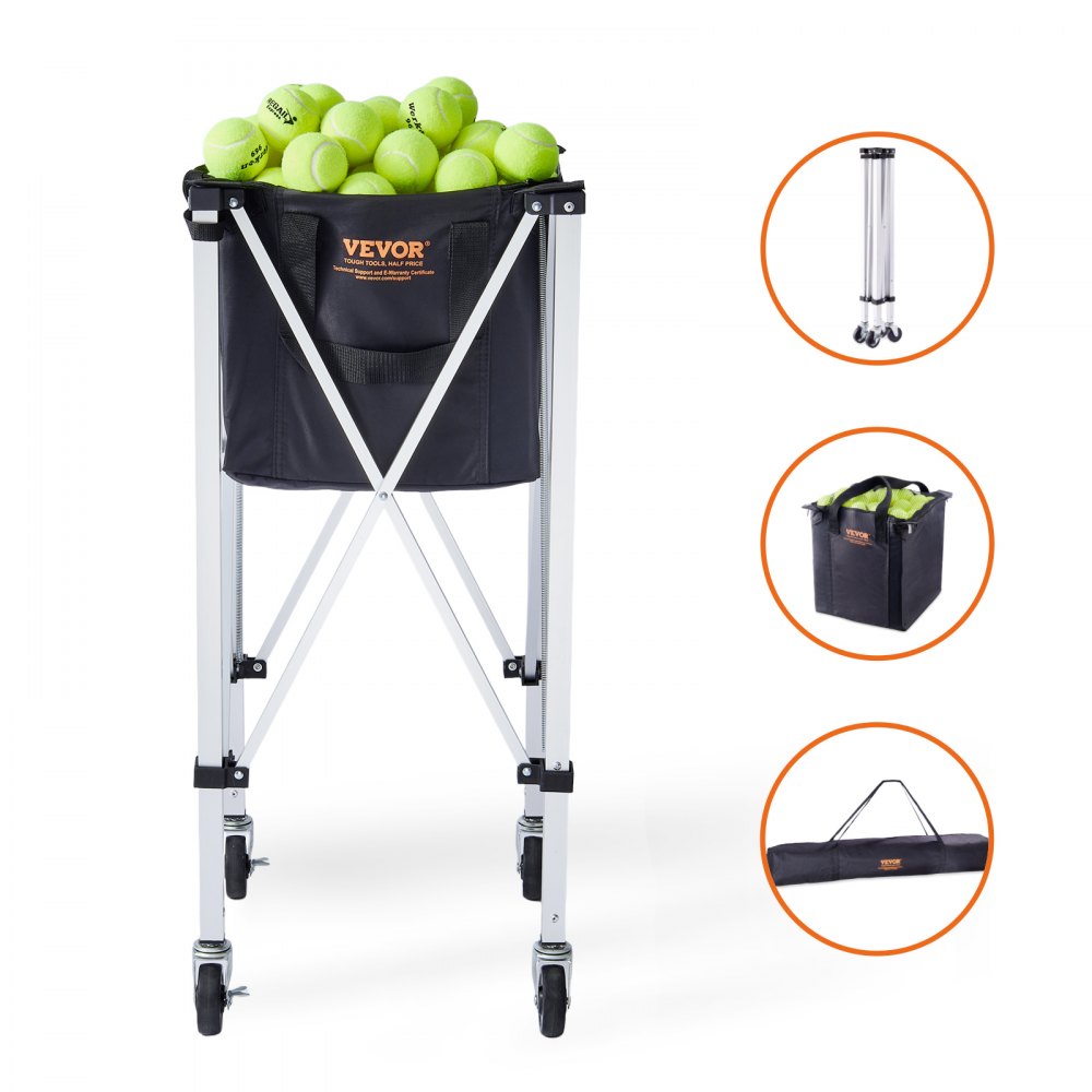 VEVOR Tolva plegable para pelotas de tenis, capacidad para 180 pelotas de tenis, carrito ligero de aleación de aluminio con ruedas, bolsa extraíble, bolsa de transporte, carrito de enseñanza deportiva portátil para tenista