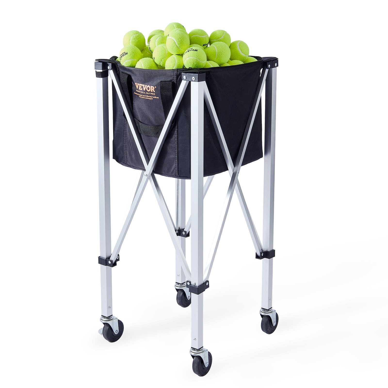 VEVOR Tolva plegable para pelotas de tenis, capacidad para 180 pelotas de tenis, carrito ligero de aleación de aluminio con ruedas, bolsa extraíble, bolsa de transporte, carrito de enseñanza deportiva portátil para tenista