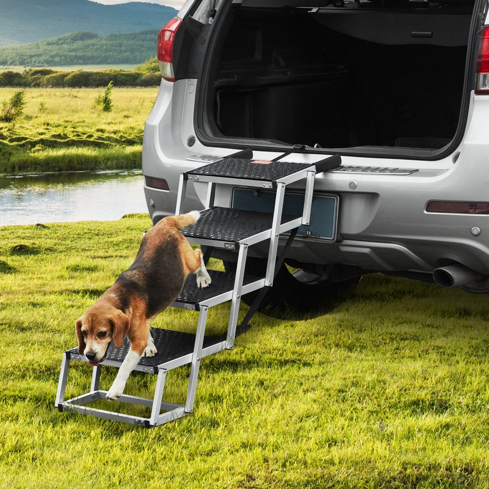 VEVOR Dog Car Ramp, Wide 4-Step Dog Car Ramp, Foldable Dog Car Ramp with Non-Slip Surface, Portable Lightweight Aluminum Pet Stairs for Cars, SUVs and Trucks, Supports up to 68 kg
