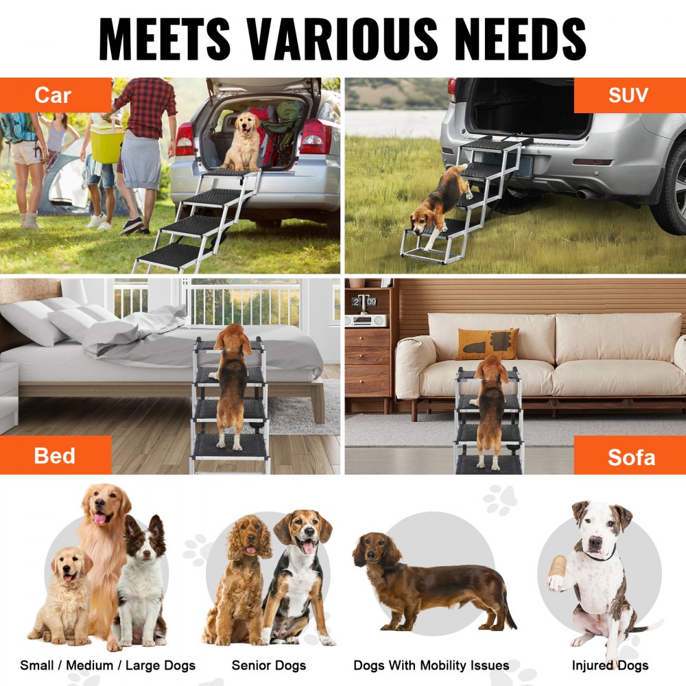 Escalera para perros VEVOR para coches, escalones anchos de 4 escalones para perros, rampa plegable para perros con superficie antideslizante, escalones portátiles para mascotas de aluminio liviano para coches, SUV y camiones, soporta hasta 150 libras