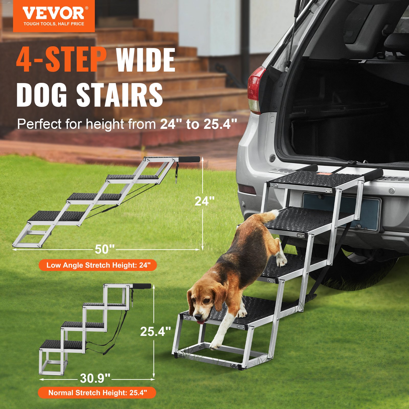 Escalera para perros VEVOR para coches, escalones anchos de 4 escalones para perros, rampa plegable para perros con superficie antideslizante, escalones portátiles para mascotas de aluminio liviano para coches, SUV y camiones, soporta hasta 150 libras