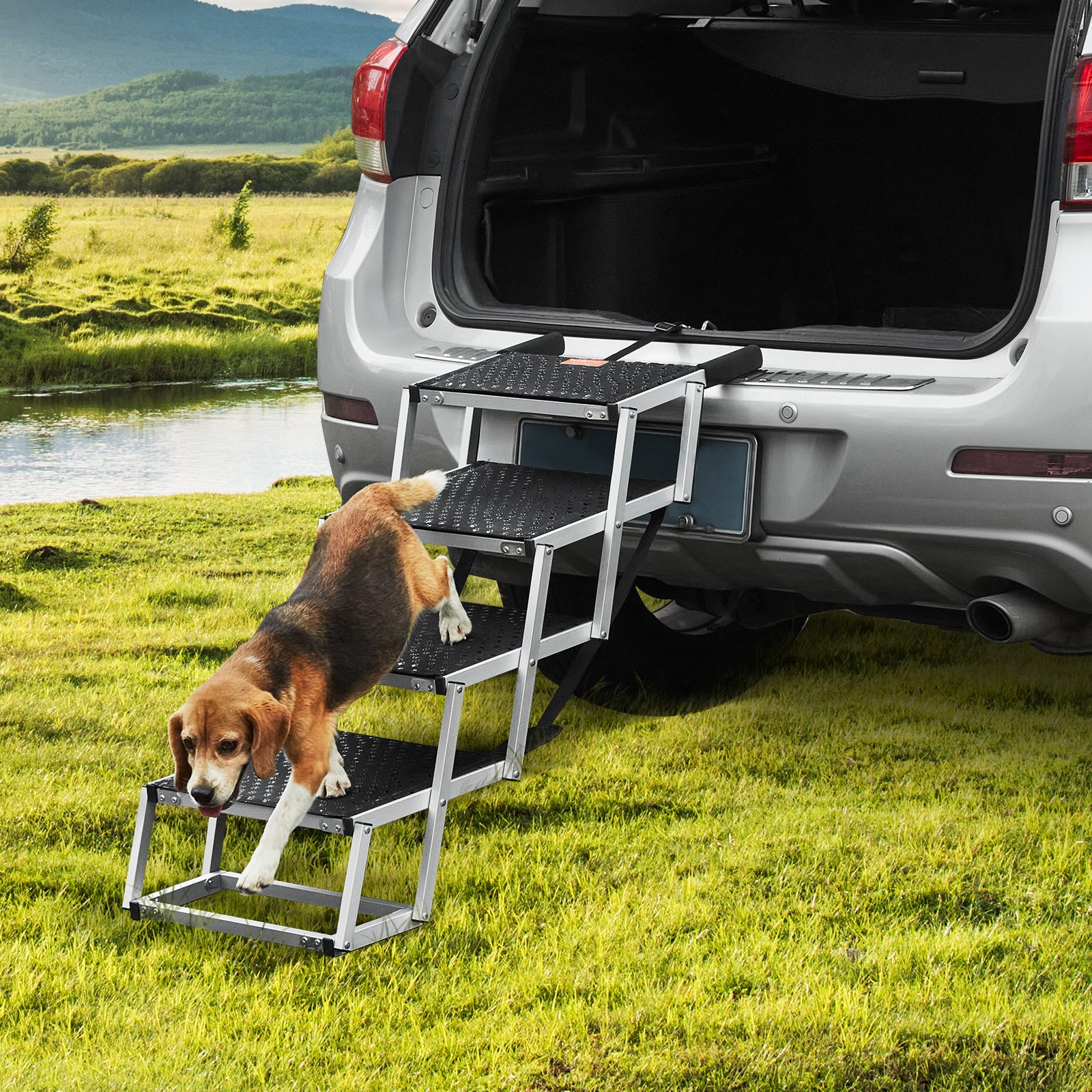 Escalera para perros VEVOR para coches, escalones anchos de 4 escalones para perros, rampa plegable para perros con superficie antideslizante, escalones portátiles para mascotas de aluminio liviano para coches, SUV y camiones, soporta hasta 150 libras