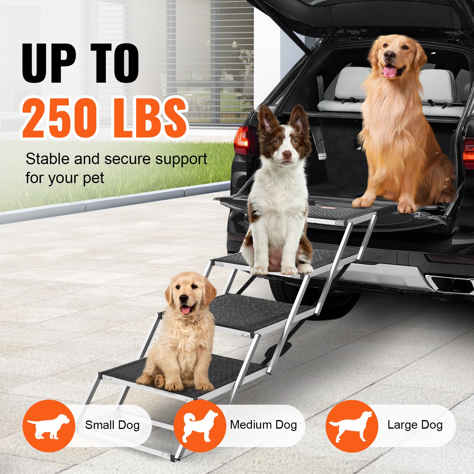 VEVOR Dog Car Ramp, Wide 4-Step Dog Car Ramp, Foldable Dog Car Ramp with Non-Slip Surface, Portable Lightweight Aluminum Pet Stairs for Cars, SUVs and Trucks, Supports up to 250 lbs