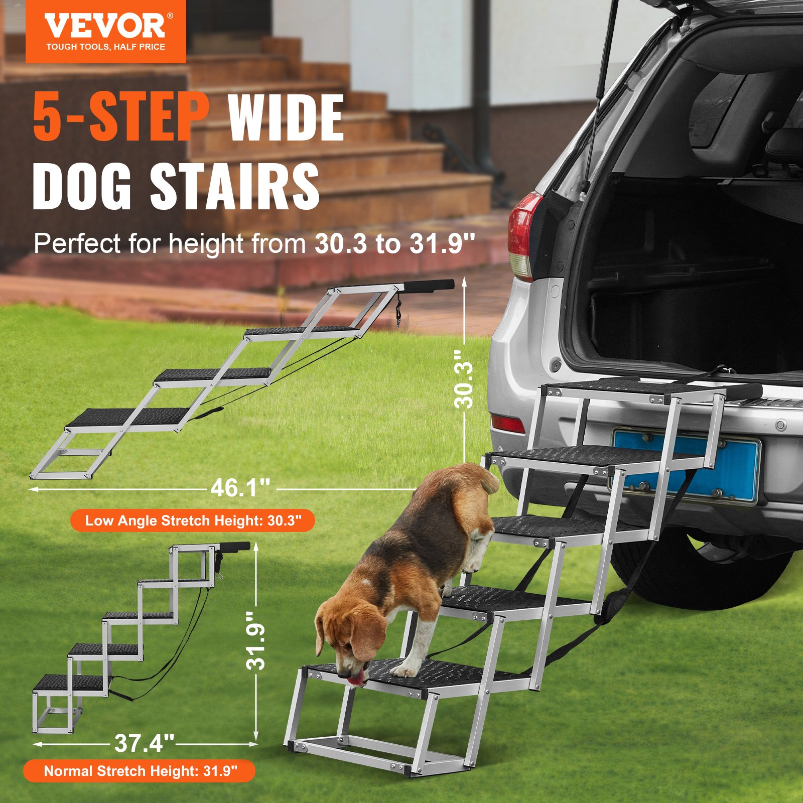 VEVOR Escalera para perros para automóviles, escalones anchos de 5 escalones para perros, rampa plegable para perros para automóviles con superficie antideslizante, escalones portátiles para mascotas de aluminio liviano para automóviles, SUV y camiones, soporta hasta 150 libras