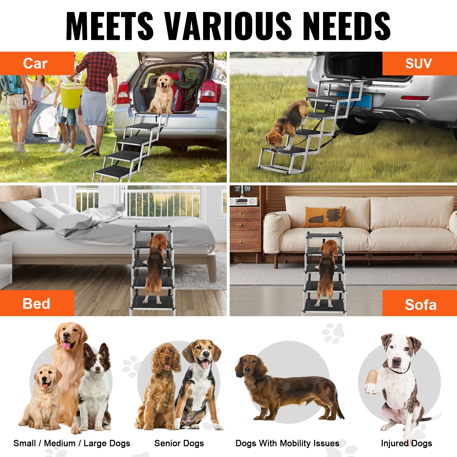 VEVOR Escalera para perros para automóviles, escalones anchos de 5 escalones para perros, rampa plegable para perros para automóviles con superficie antideslizante, escalones portátiles para mascotas de aluminio liviano para automóviles, SUV y camiones, soporta hasta 150 libras