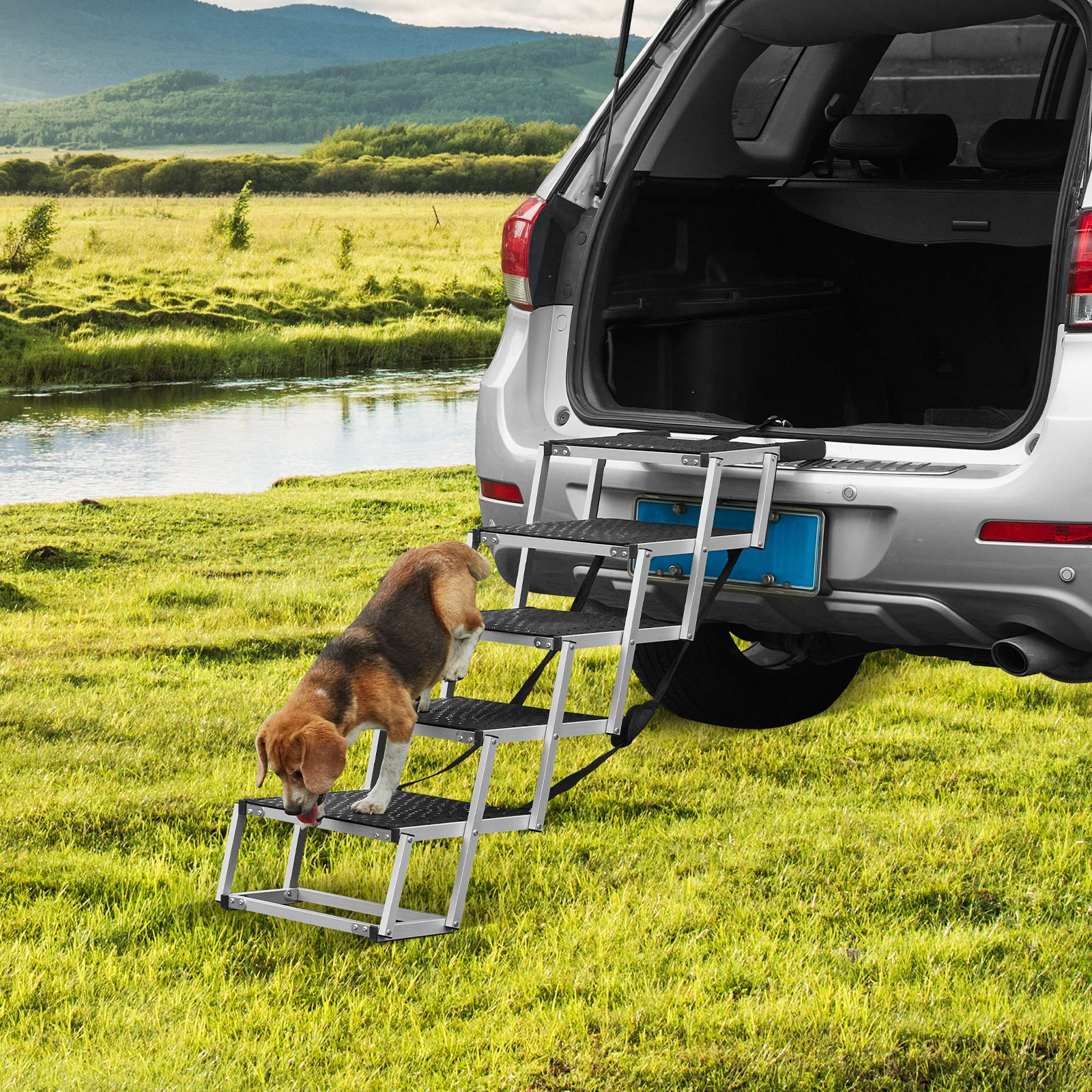 VEVOR Escalera para perros para automóviles, escalones anchos de 5 escalones para perros, rampa plegable para perros para automóviles con superficie antideslizante, escalones portátiles para mascotas de aluminio liviano para automóviles, SUV y camiones, soporta hasta 150 libras