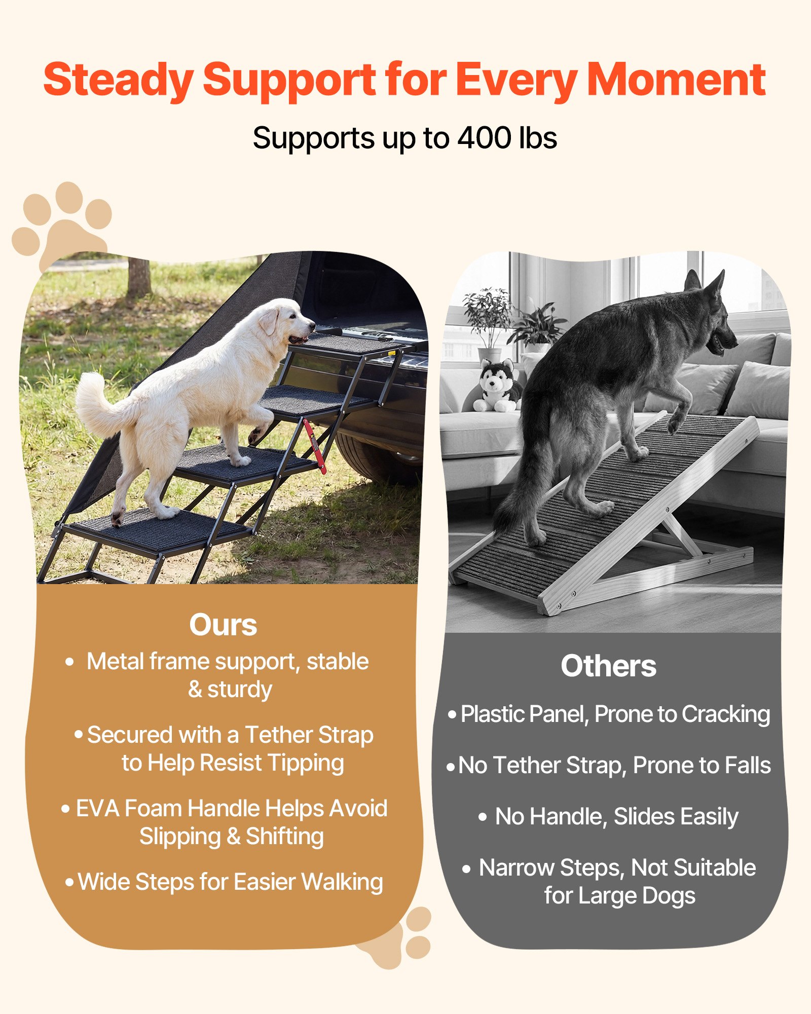 VEVOR Escalera para Perros Plegable para Coche, 4 Escalones, Rampa para Perros Plegable, Capacidad de Carga de 181 kg, Ajustable y Portátil, con Alfombrilla Antideslizante y Barandilla de Protección