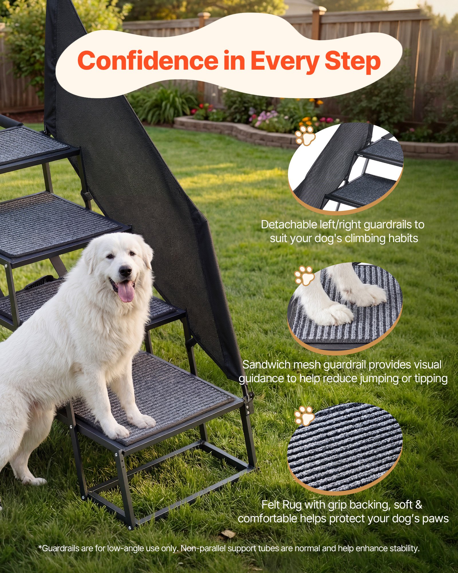 VEVOR Escalera para Perros Plegable para Coche, 4 Escalones, Rampa para Perros Plegable, Capacidad de Carga de 181 kg, Ajustable y Portátil, con Alfombrilla Antideslizante y Barandilla de Protección