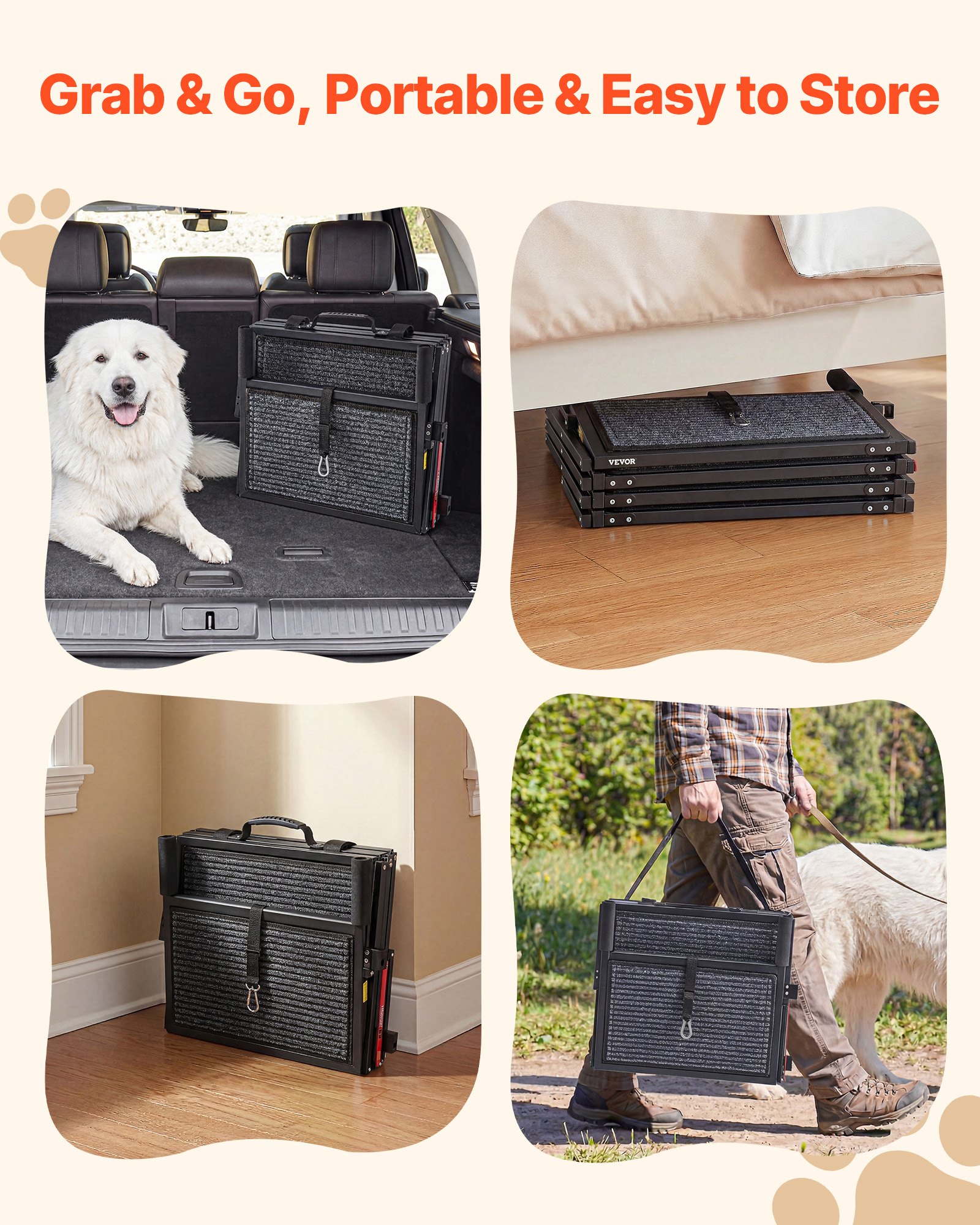 VEVOR Escalera para Perros Plegable para Coche, 4 Escalones, Rampa para Perros Plegable, Capacidad de Carga de 181 kg, Ajustable y Portátil, con Alfombrilla Antideslizante y Barandilla de Protección