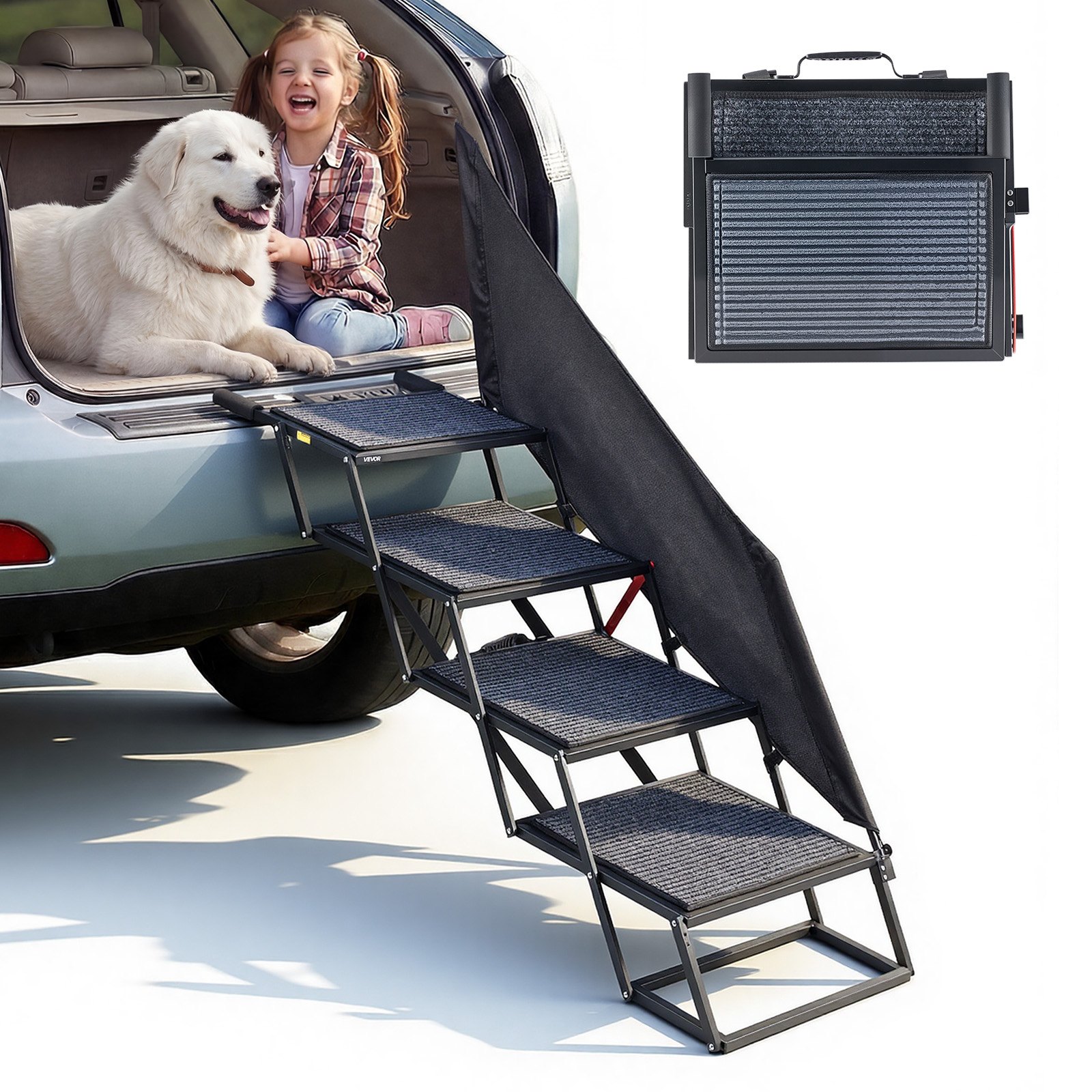 VEVOR Escalera para Perros Plegable para Coche, 4 Escalones, Rampa para Perros Plegable, Capacidad de Carga de 181 kg, Ajustable y Portátil, con Alfombrilla Antideslizante y Barandilla de Protección