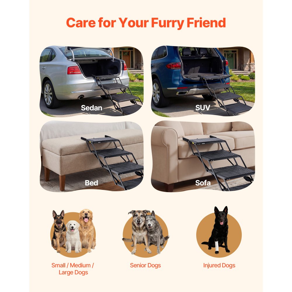 VEVOR Escalera para Perros Plegable para Coche, 4 Peldaños, Rampa para Perros Plegable, Capacidad de Carga de 113 kg, Alturas Ajustables, Antideslizante y Portátil, Acceso al Vehículo para Mascotas