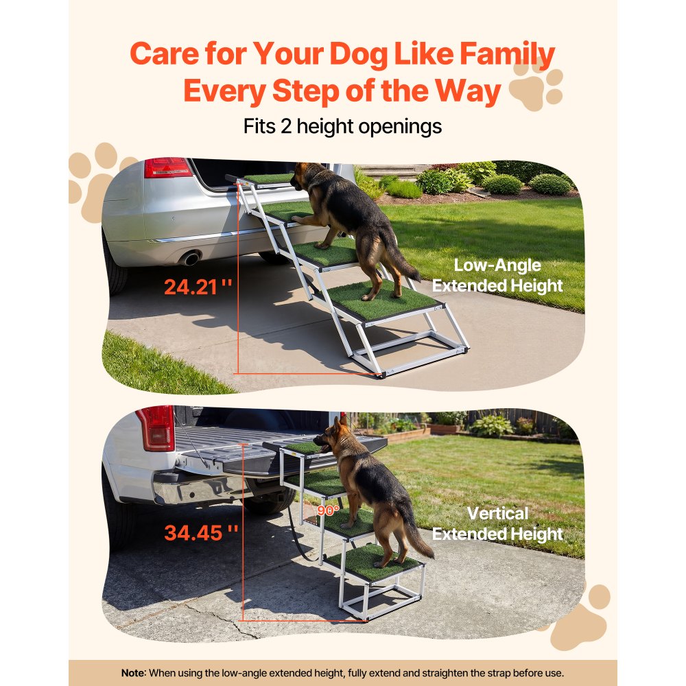 VEVOR Escalera para Perros Plegable para Coche, 4 Peldaños, Rampa para Perros Plegable, Capacidad de Carga de 91 kg, Huella de Hierba Artificial Antideslizante, Ajustable Portátil, Subir a Coche Cama