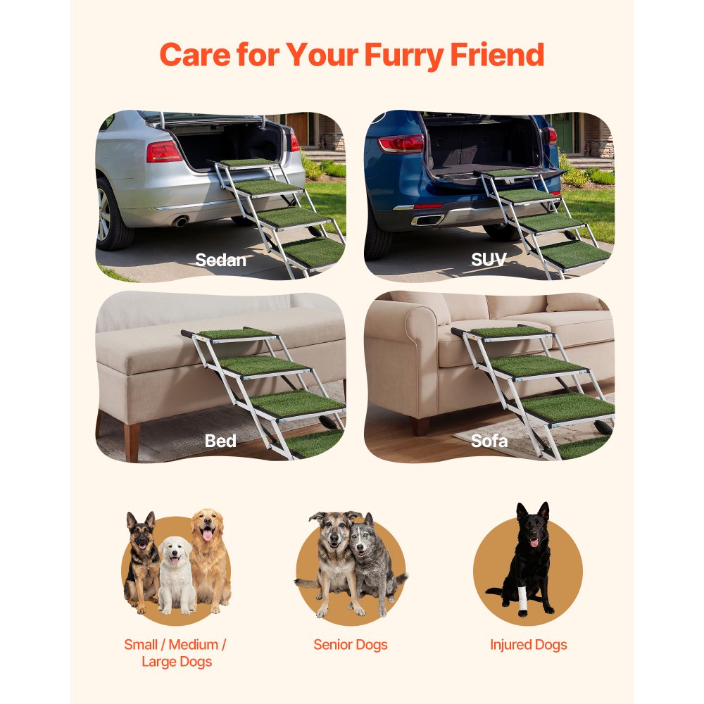 VEVOR Escalera para Perros Plegable para Coche, 4 Peldaños, Rampa para Perros Plegable, Capacidad de Carga de 91 kg, Huella de Hierba Artificial Antideslizante, Ajustable Portátil, Subir a Coche Cama