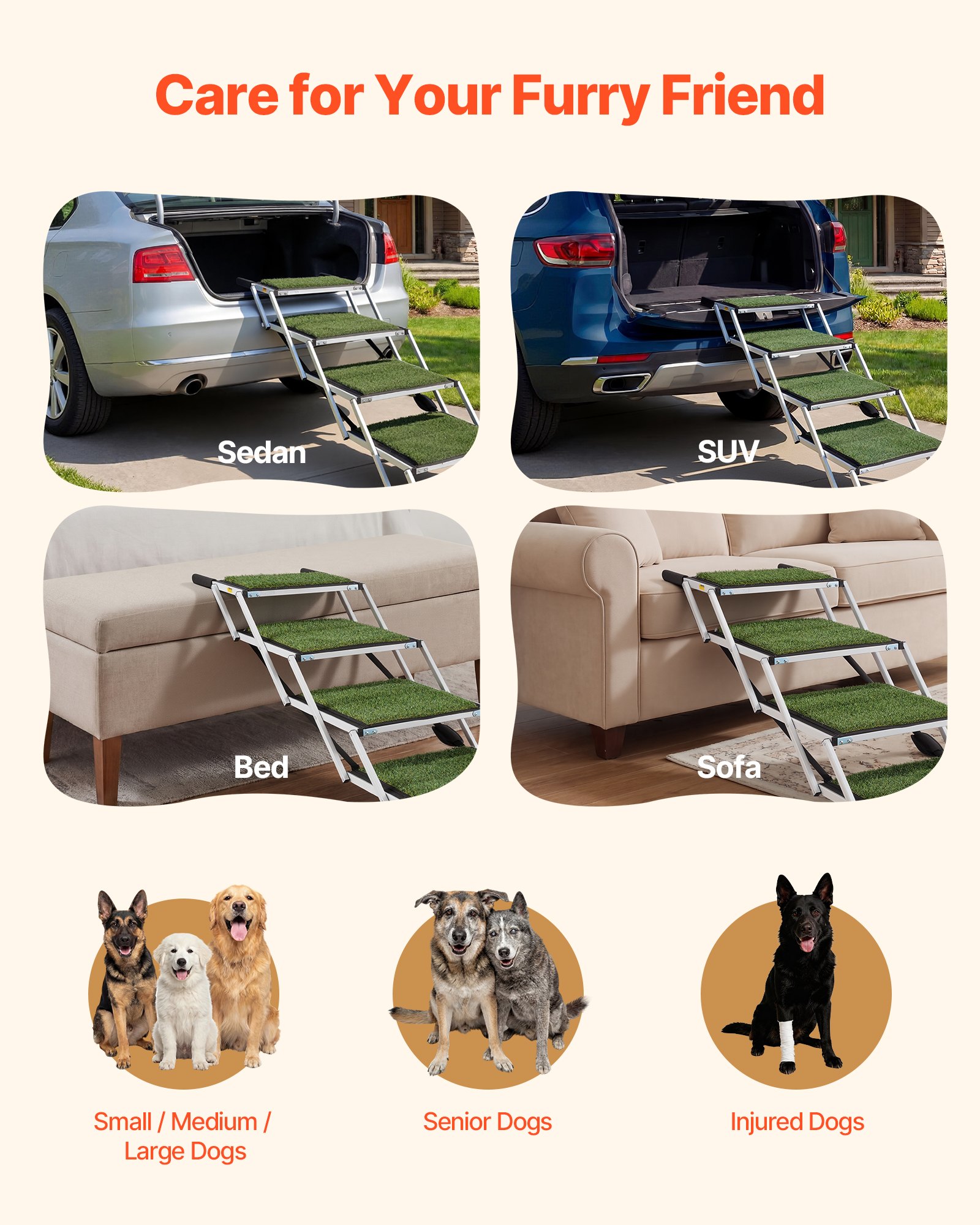 VEVOR Escalera para Perros Plegable para Coche, 4 Peldaños, Rampa para Perros Plegable, Capacidad de Carga de 91 kg, Huella de Hierba Artificial Antideslizante, Ajustable Portátil, Subir a Coche Cama