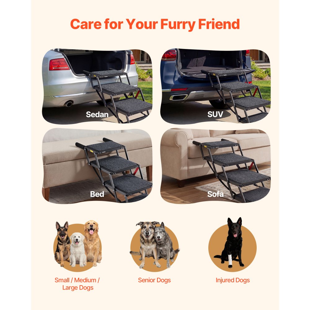 VEVOR Escalera para Perros Plegable para Coche, 4 Escalones, Rampa para Perros, Capacidad de Carga de 91 kg, Huella con Alfombra Antideslizante, Ajustable y Portátil, para Subir a Coches Camas Sofás