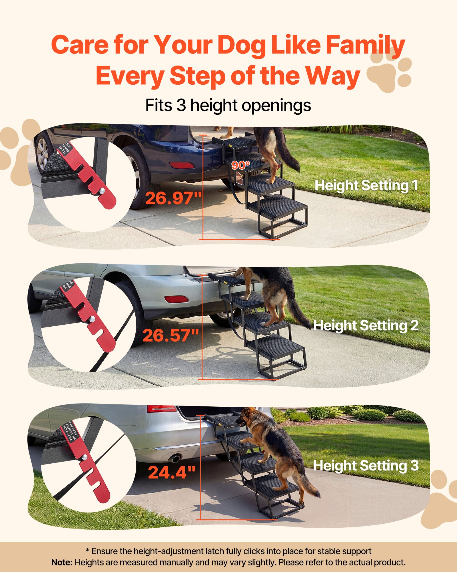 VEVOR Escalera para Perros Plegable para Coche, 4 Escalones, Rampa para Perros, Capacidad de Carga de 91 kg, Huella con Alfombra Antideslizante, Ajustable y Portátil, para Subir a Coches Camas Sofás
