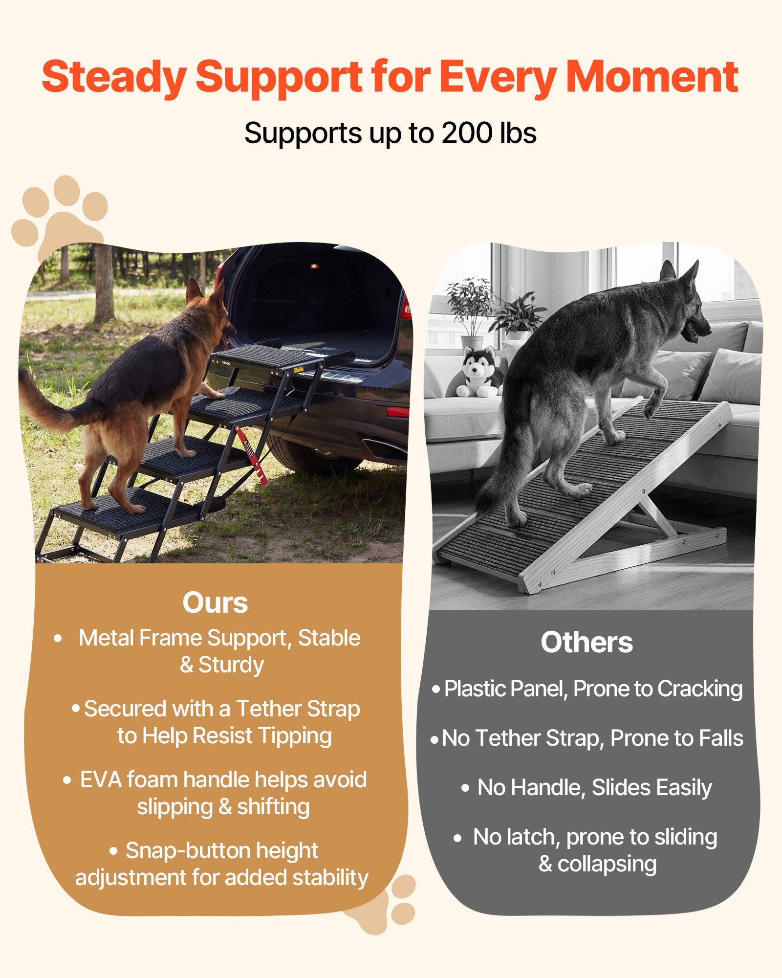 VEVOR Escalera para Perros Plegable para Coche, 4 Escalones, Rampa para Perros, Capacidad de Carga de 91 kg, Huella con Alfombra Antideslizante, Ajustable y Portátil, para Subir a Coches Camas Sofás