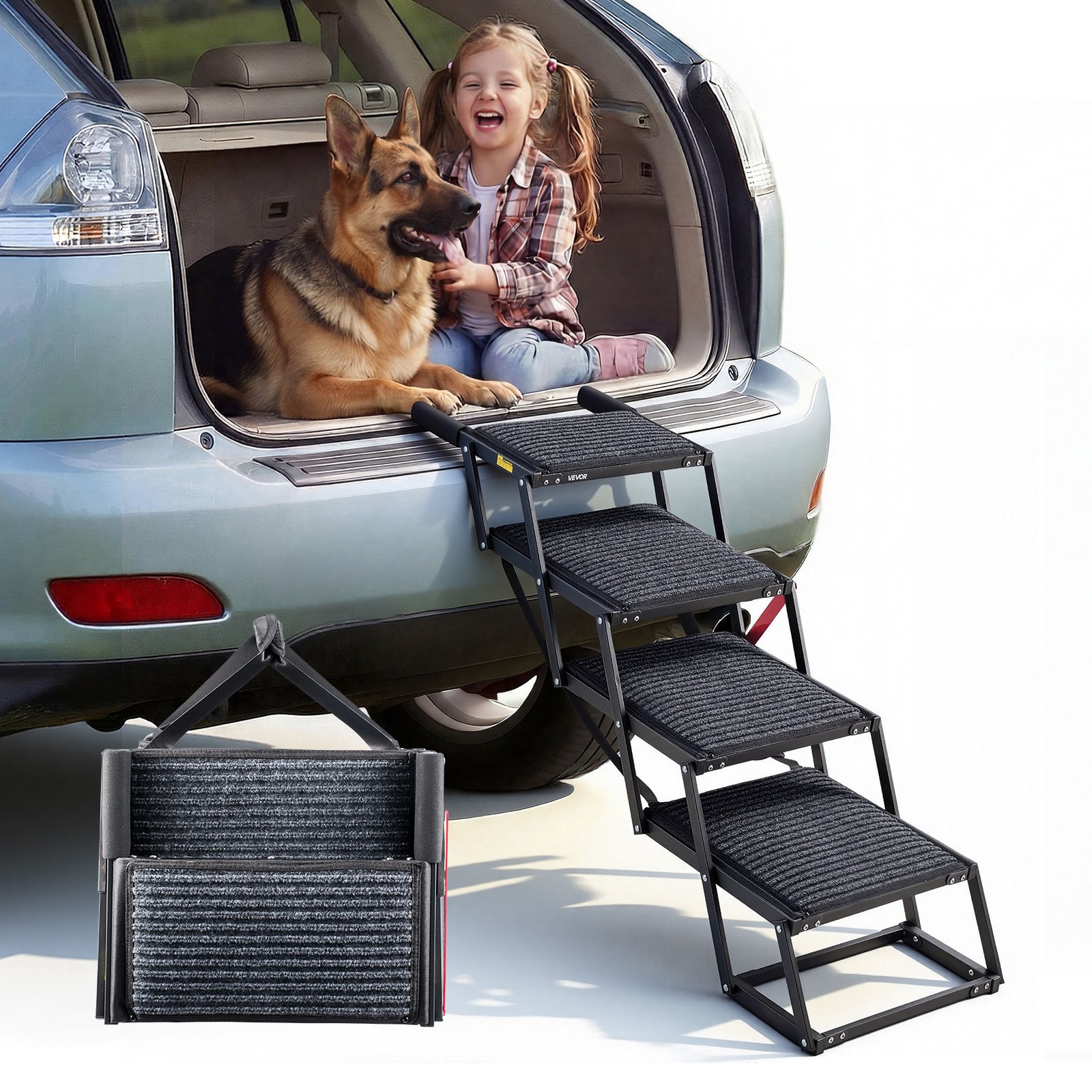 VEVOR Escalera para Perros Plegable para Coche, 4 Escalones, Rampa para Perros, Capacidad de Carga de 91 kg, Huella con Alfombra Antideslizante, Ajustable y Portátil, para Subir a Coches Camas Sofás