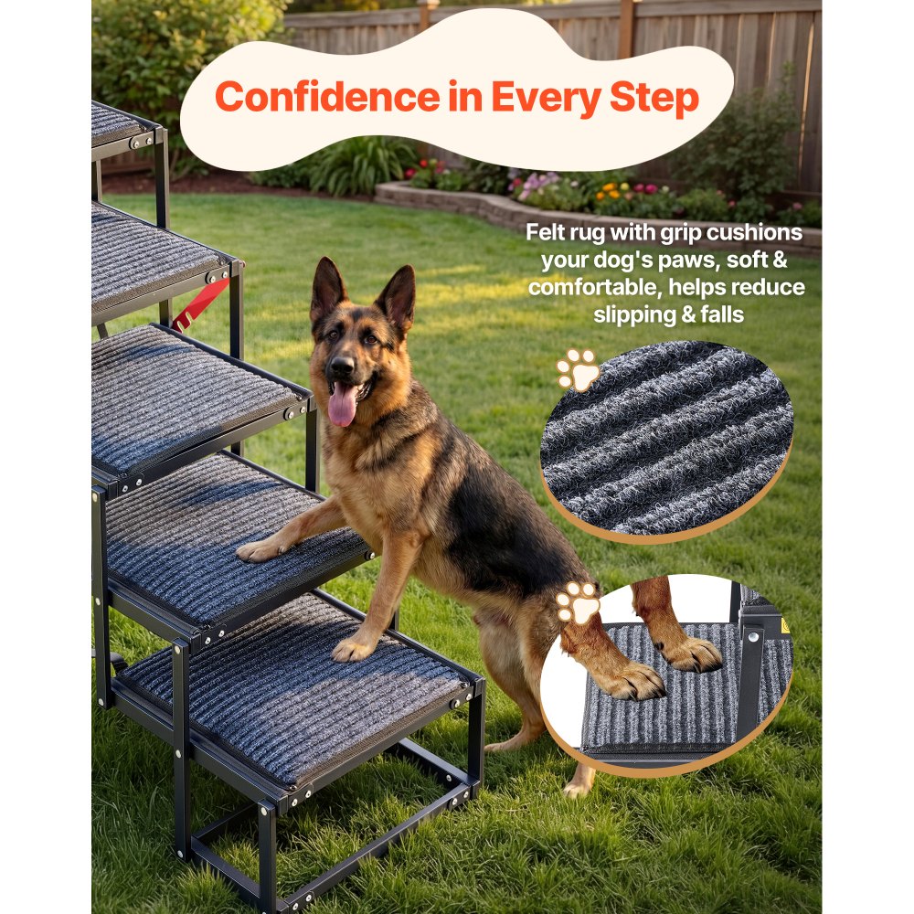 VEVOR Escalera para Perros Plegable para Coche, 5 Escalones, Rampa para Perros Plegable, Soporta hasta 91 kg, Huella con Alfombra Antideslizante, Portátil, Acceso a Vehículo Cama Sofá para Mascotas