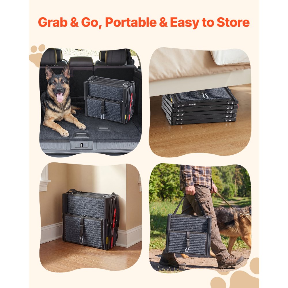 VEVOR Escalera para Perros Plegable para Coche, 5 Escalones, Rampa para Perros Plegable, Soporta hasta 91 kg, Huella con Alfombra Antideslizante, Portátil, Acceso a Vehículo Cama Sofá para Mascotas