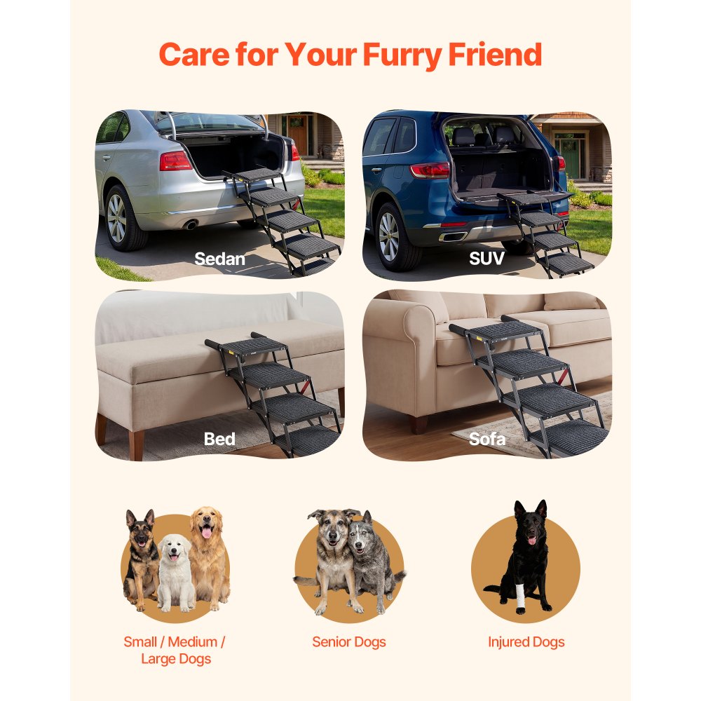 VEVOR Escalera para Perros Plegable para Coche, 5 Escalones, Rampa para Perros Plegable, Soporta hasta 91 kg, Huella con Alfombra Antideslizante, Portátil, Acceso a Vehículo Cama Sofá para Mascotas