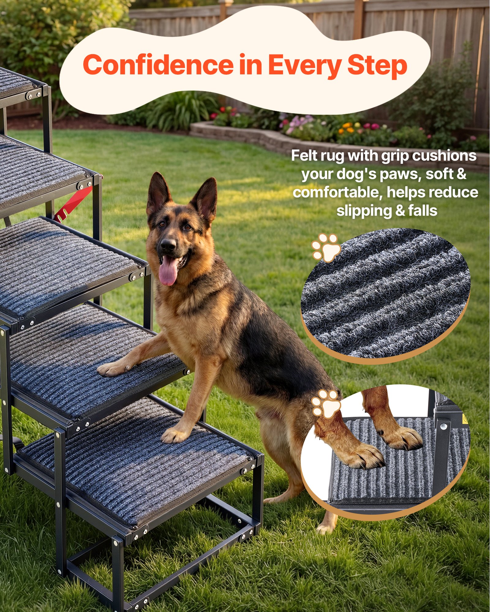 VEVOR Escalera para Perros Plegable para Coche, 5 Escalones, Rampa para Perros Plegable, Soporta hasta 91 kg, Huella con Alfombra Antideslizante, Portátil, Acceso a Vehículo Cama Sofá para Mascotas