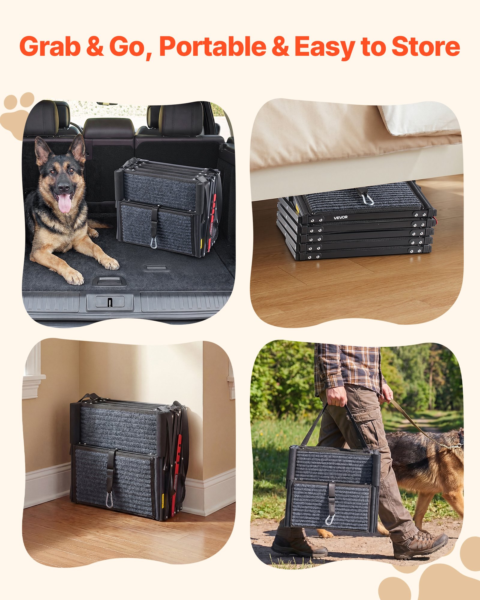 VEVOR Escalera para Perros Plegable para Coche, 5 Escalones, Rampa para Perros Plegable, Soporta hasta 91 kg, Huella con Alfombra Antideslizante, Portátil, Acceso a Vehículo Cama Sofá para Mascotas