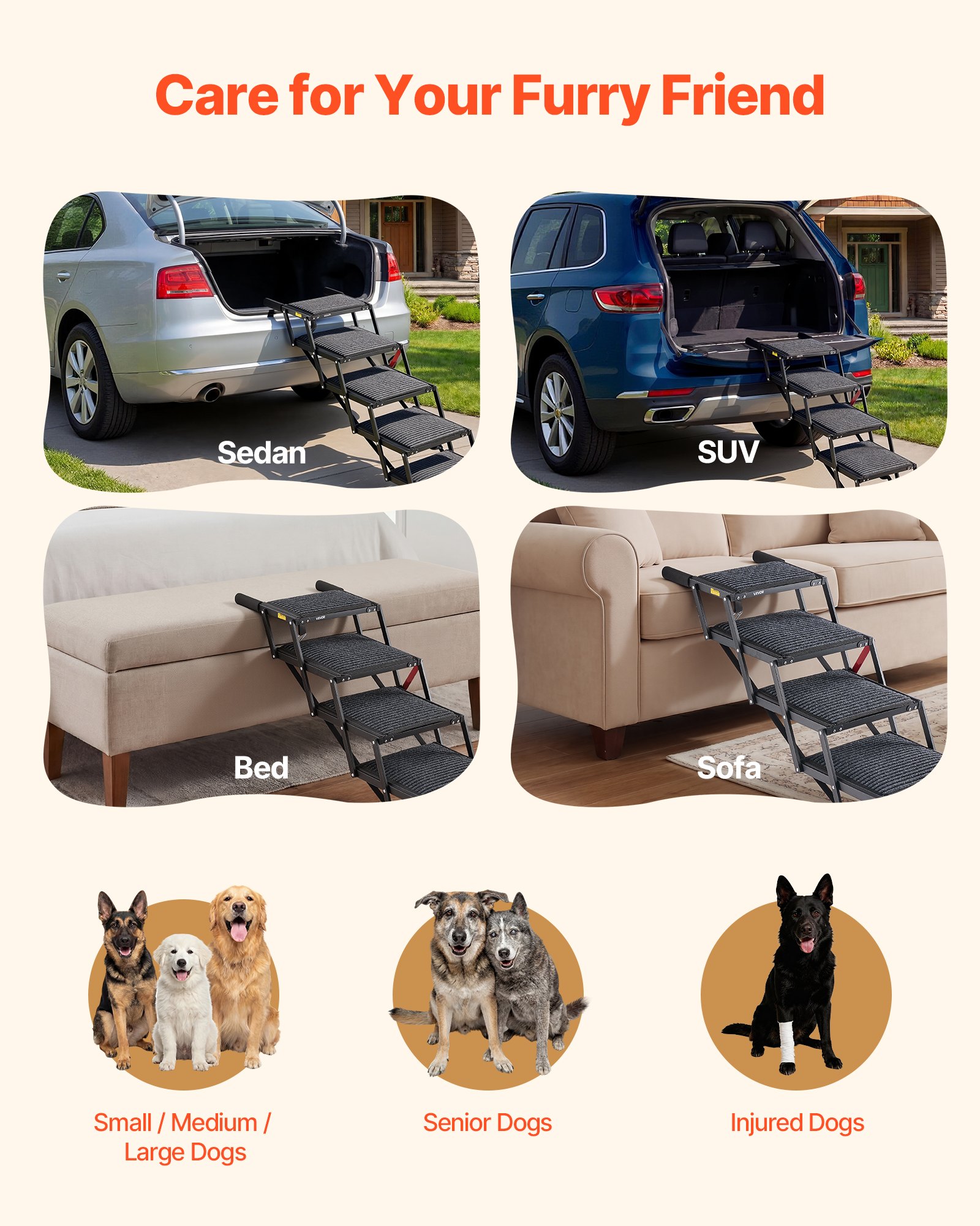 VEVOR Escalera para Perros Plegable para Coche, 5 Escalones, Rampa para Perros Plegable, Soporta hasta 91 kg, Huella con Alfombra Antideslizante, Portátil, Acceso a Vehículo Cama Sofá para Mascotas