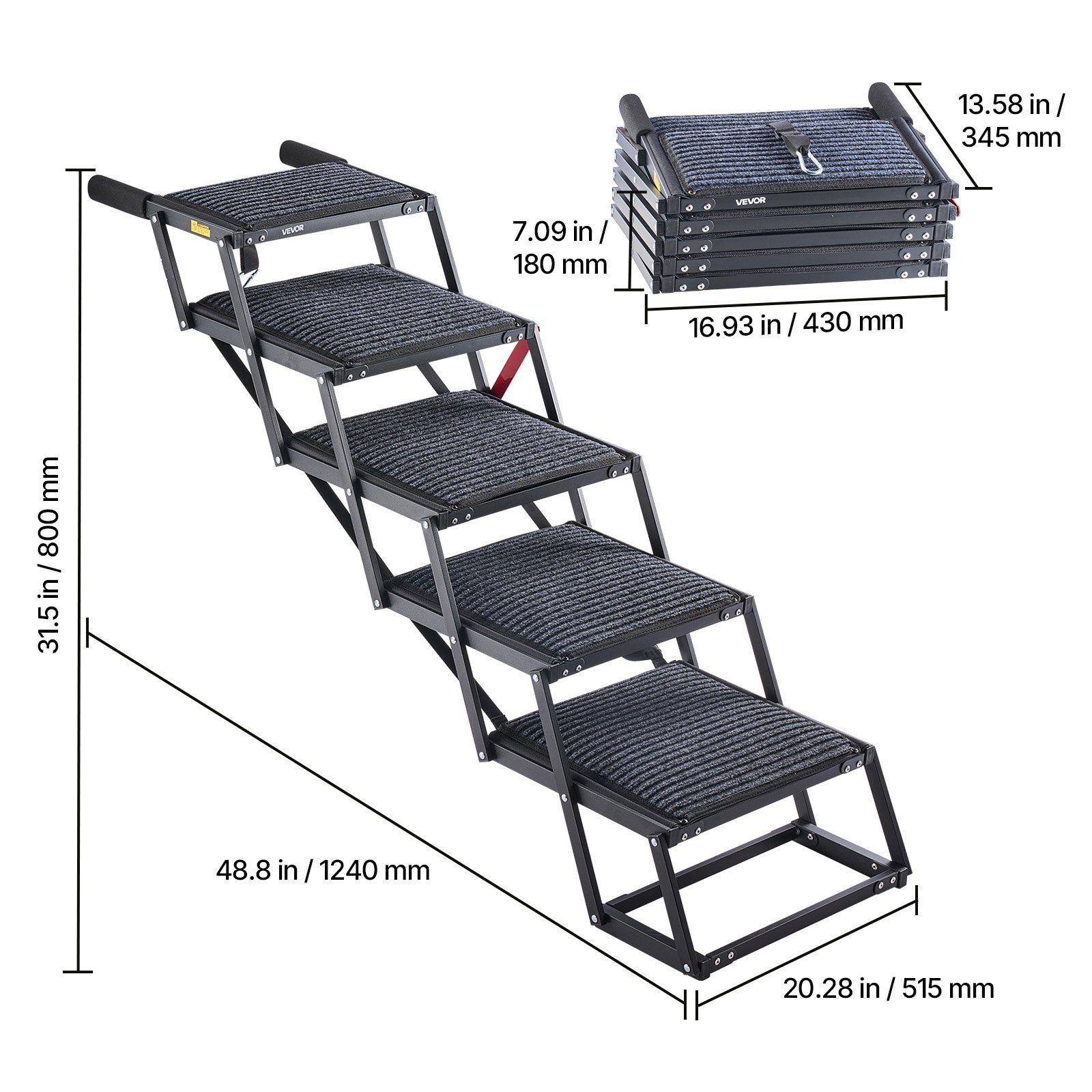 VEVOR Escalera para Perros Plegable para Coche, 5 Escalones, Rampa para Perros Plegable, Soporta hasta 91 kg, Huella con Alfombra Antideslizante, Portátil, Acceso a Vehículo Cama Sofá para Mascotas
