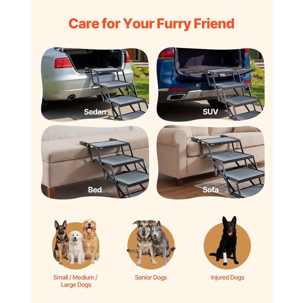 VEVOR Escalera para Perros Plegable para Coche, 4 Peldaños, Rampa para Perros, Capacidad de Carga de 181 kg, Escalones Antideslizantes, Altura Ajustable, Escalera Portátil para Subir a SUVs Camas Sofá