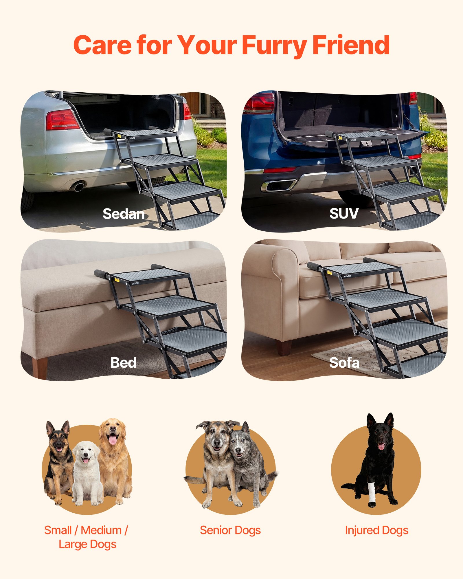VEVOR Escalera para Perros Plegable para Coche, 4 Peldaños, Rampa para Perros, Capacidad de Carga de 181 kg, Escalones Antideslizantes, Altura Ajustable, Escalera Portátil para Subir a SUVs Camas Sofá
