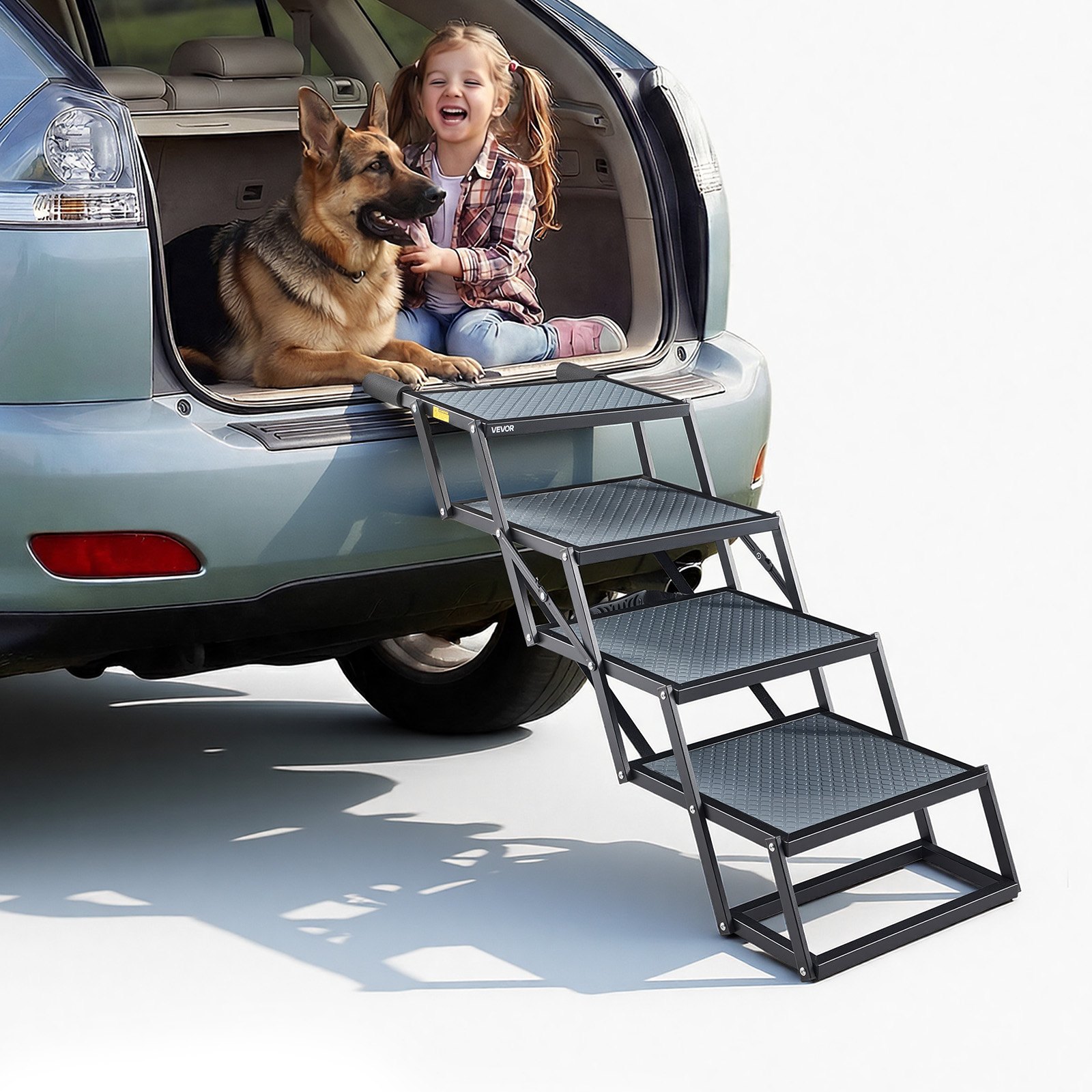 VEVOR Escalera para Perros Plegable para Coche, 4 Peldaños, Rampa para Perros, Capacidad de Carga de 181 kg, Escalones Antideslizantes, Altura Ajustable, Escalera Portátil para Subir a SUVs Camas Sofá