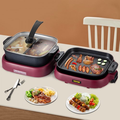 VEVOR Parrilla Eléctrica 2 en 1 para Ollas Calientes 3,6 L Olla Doble Parrilla Eléctrica para Barbacoa 1300W (Olla Caliente) +800W (Parrilla) Parrilla Eléctrica para Cocinar Filetes, Verduras 180-240℃