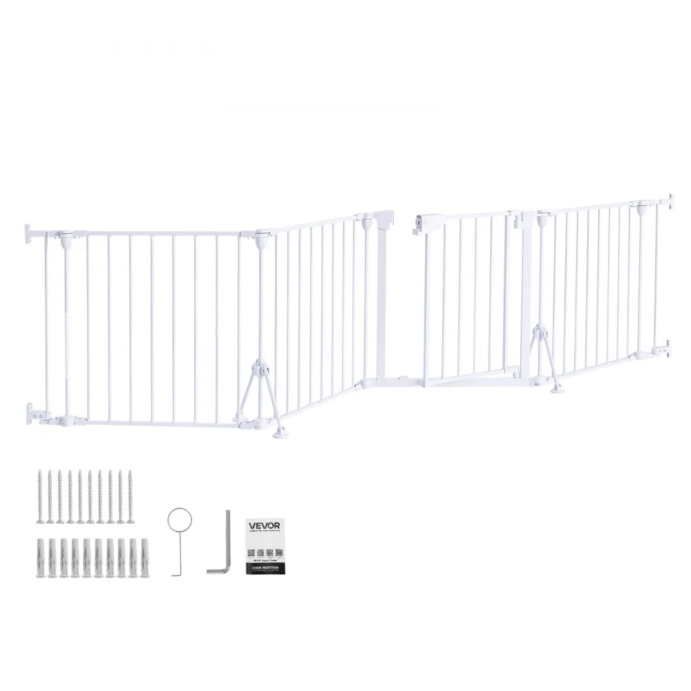 VEVOR Barrera de Seguridad para Perros 622 mm 4 Paneles de Metal Blanco, Puerta de Mascotas para Cocinas, Salones, Escaleras, Plegable y Flexible, Soporte de Doble Triángulo, Kit de Instalación