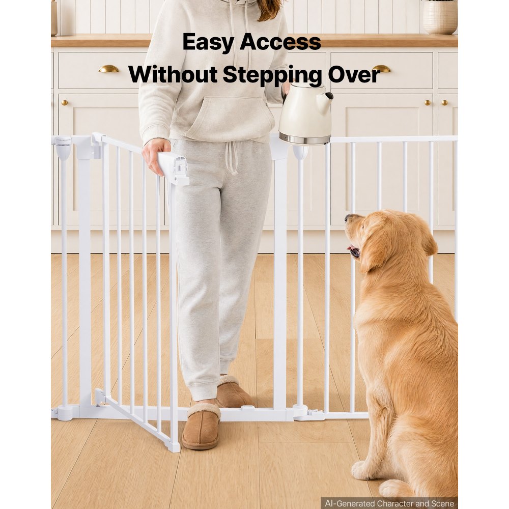 VEVOR Barrera de Seguridad para Perros 753 mm 6 Paneles Plegable de Metal, para Puertas, Escaleras, Balcones, Montaje en Pared, Independiente, Soporte de Doble Triángulo, Forma Flexible, Color Blanco