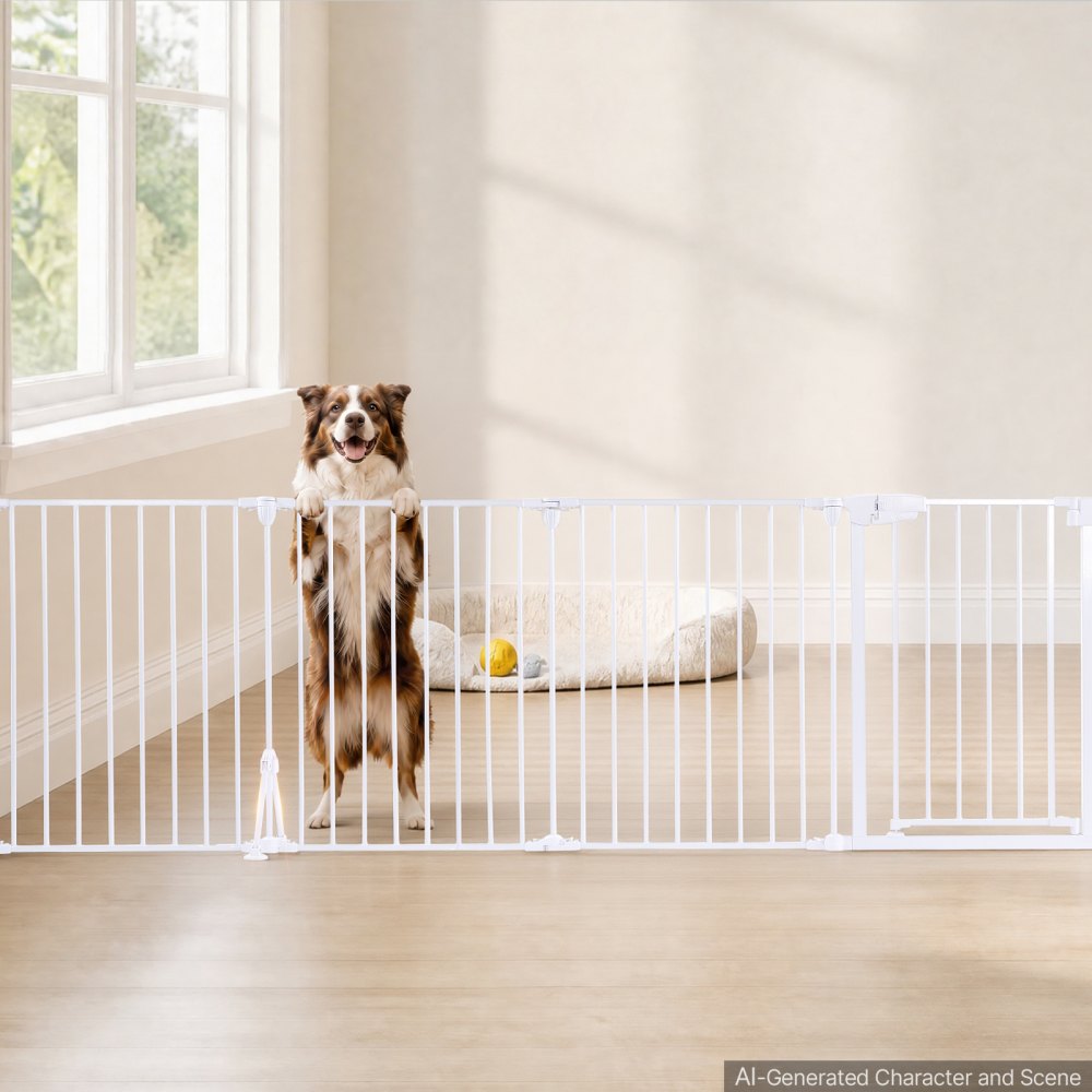 VEVOR Barrera de Seguridad para Perros 753 mm 6 Paneles Plegable de Metal, para Puertas, Escaleras, Balcones, Montaje en Pared, Independiente, Soporte de Doble Triángulo, Forma Flexible, Color Blanco