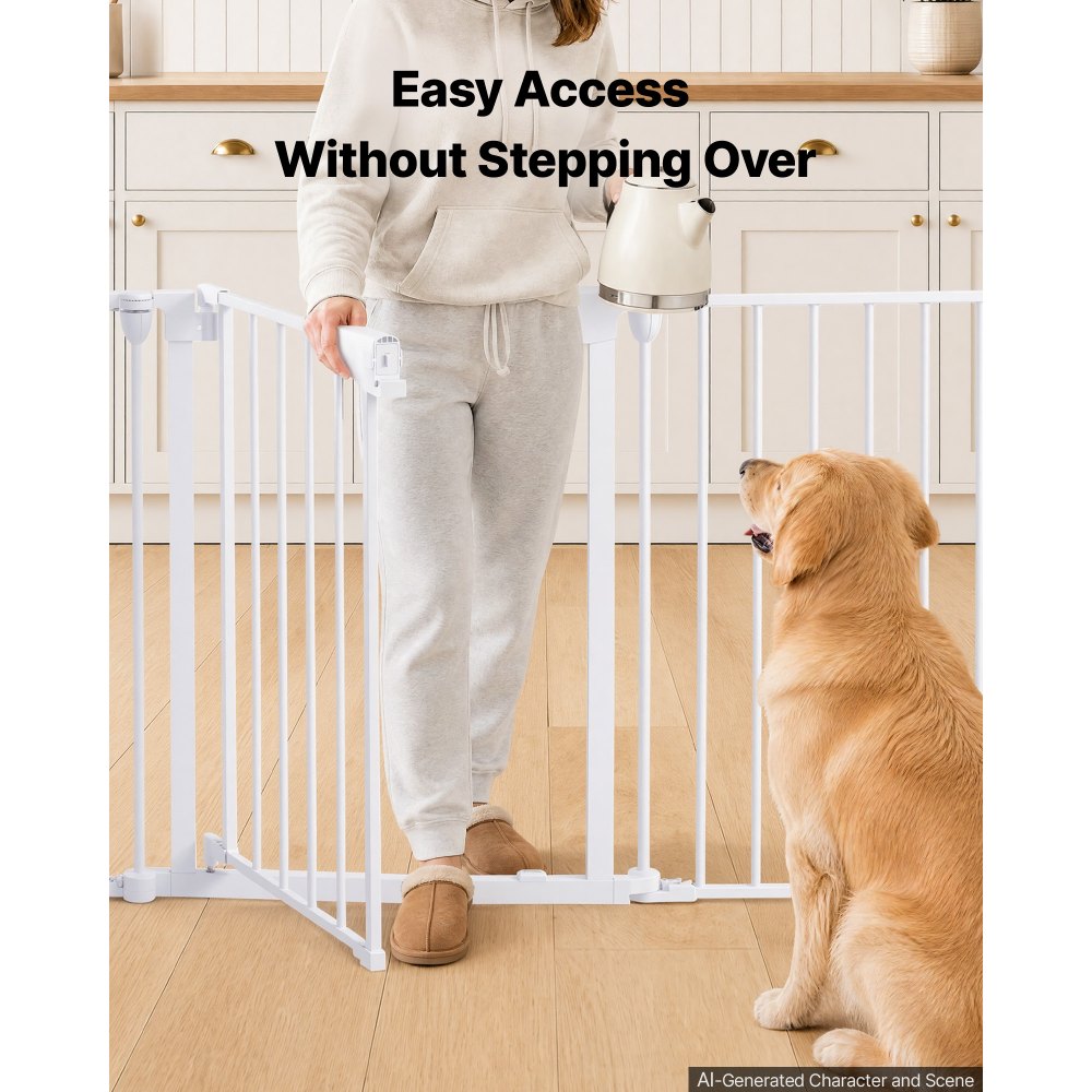 VEVOR Barrera de Seguridad para Perros Altura de 813 mm 4 Paneles Blanco, para Escalera, Cocina, Sala de Estar, Plegable y Flexible, Marco de Metal, con Doble Cerradura y Soporte de Doble Triángulo