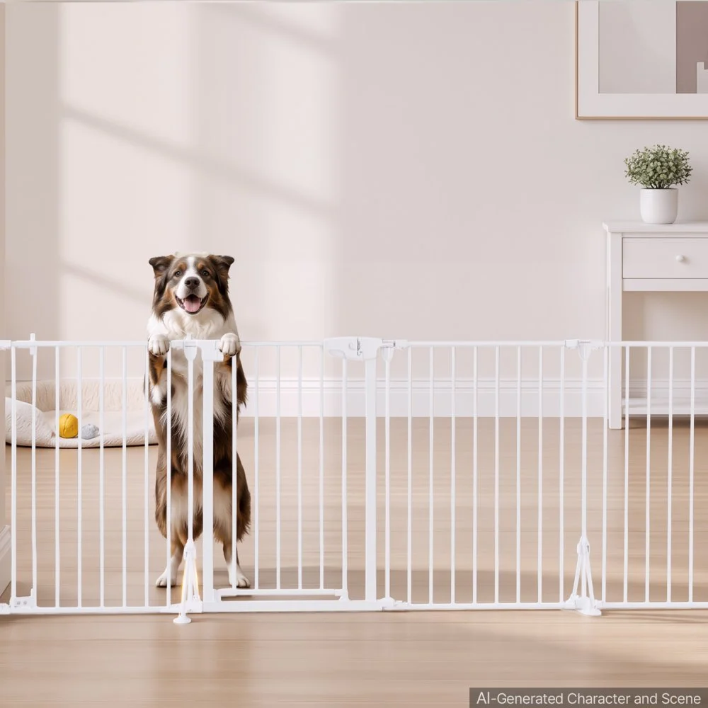 VEVOR Barrera de Seguridad para Perros Altura de 813 mm 4 Paneles Blanco, para Escalera, Cocina, Sala de Estar, Plegable y Flexible, Marco de Metal, con Doble Cerradura y Soporte de Doble Triángulo