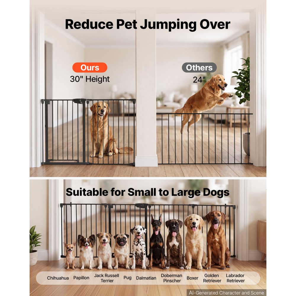 VEVOR Barrera de Seguridad para Perros Alto de 753 mm 4 Paneles Plegable, Puerta de Mascotas para Escaleras, Cocinas, Estructura de Metal, Flexible, Soporte de Doble Triángulo, Kit de Montaje, Negro