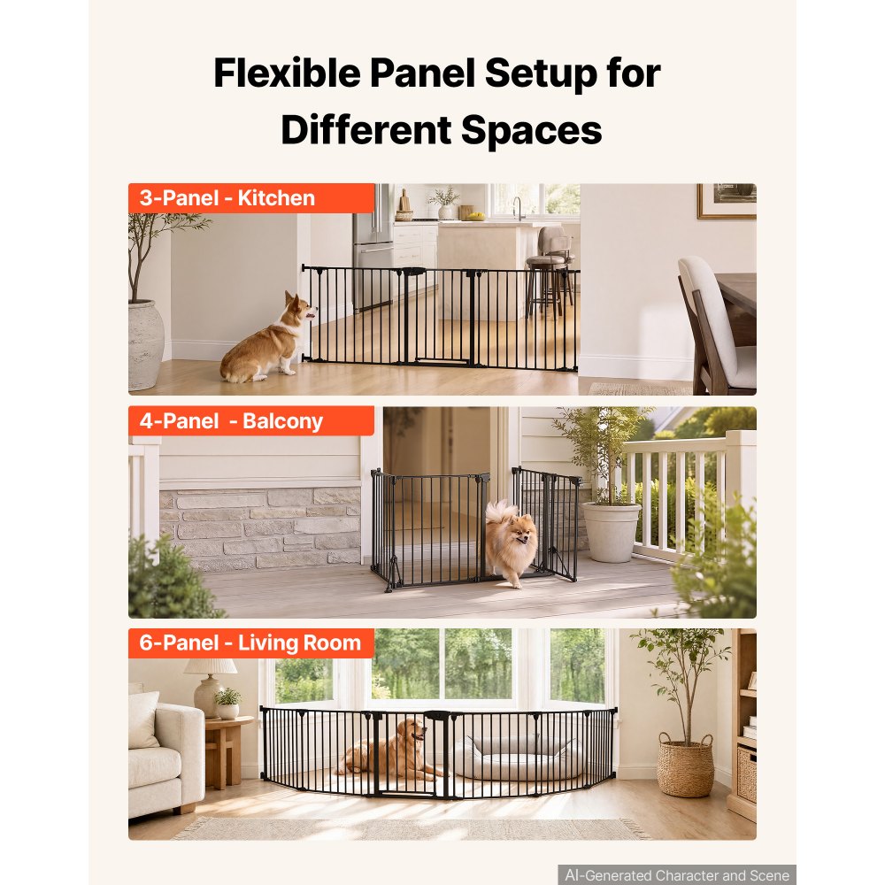 VEVOR Barrera de Seguridad para Perros Altura de 753 mm 6 Paneles Negro, Puerta de Mascotas para Escaleras, Cocinas, Marco de Metal, Plegable y Flexible, con Doble Cerradura, Kit de Instalación