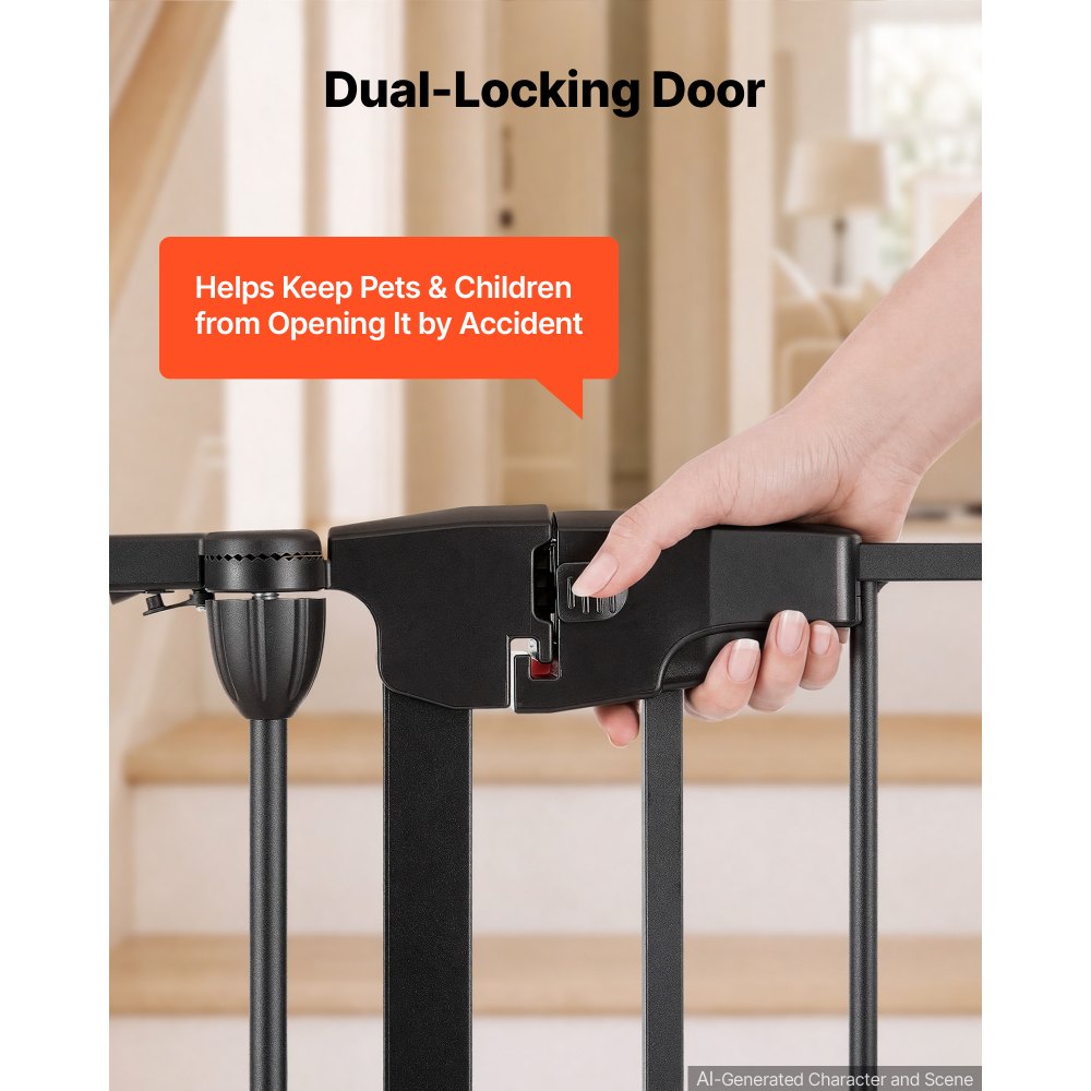 VEVOR Barrera de Seguridad para Perros Altura de 753 mm 6 Paneles Negro, Puerta de Mascotas para Escaleras, Cocinas, Marco de Metal, Plegable y Flexible, con Doble Cerradura, Kit de Instalación