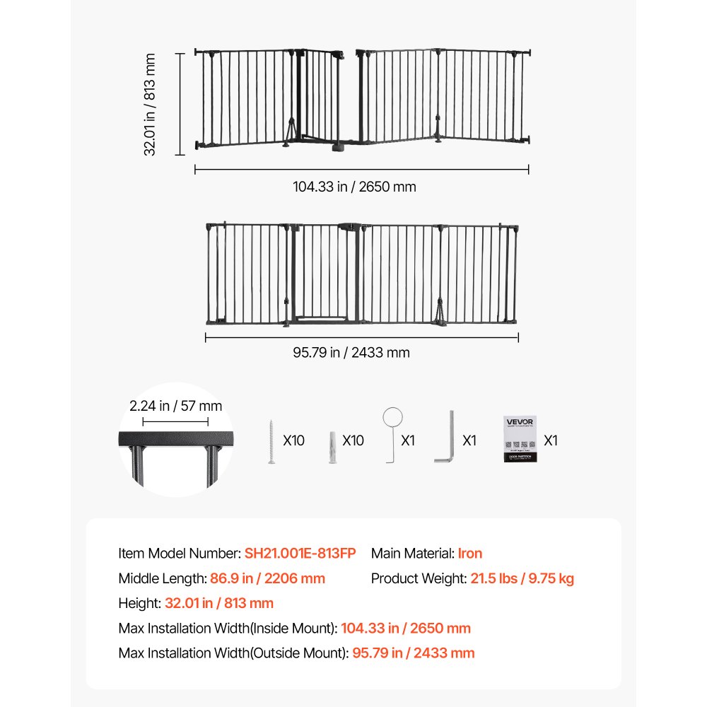 VEVOR Barrera de Seguridad para Perros 813 mm 4 Paneles Plegable Negro, para Escaleras, Puertas, Forma Flexible, Estructura de Metal, Cerradura Doble, Soporte de Doble Triángulo, Kit de Instalación