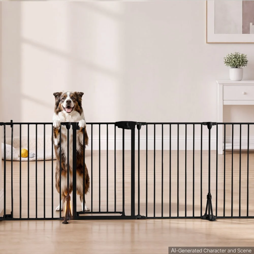 VEVOR Barrera de Seguridad para Perros 813 mm 4 Paneles Plegable Negro, para Escaleras, Puertas, Forma Flexible, Estructura de Metal, Cerradura Doble, Soporte de Doble Triángulo, Kit de Instalación