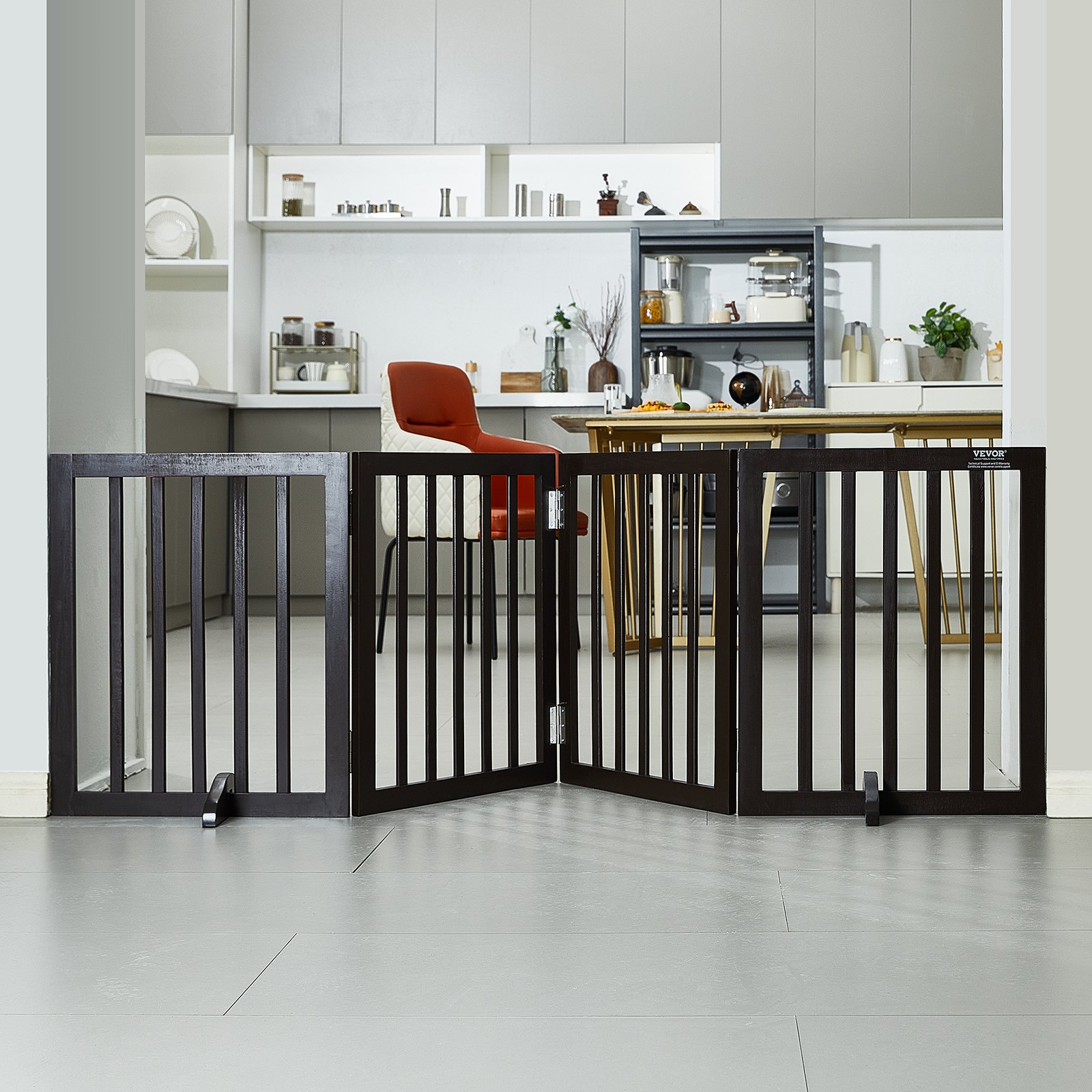 VEVOR Puerta Independiente para Perros, 2040 x 245 x 610 mm, 4 Paneles Plegable para Pasillos Anchos y Estrechos, Barrera Extensible para Perros con Soporte Silencioso para Pies para Interior, Marrón